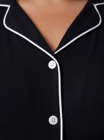 Black Oversized Jersey Piping Detail Long PJ Set